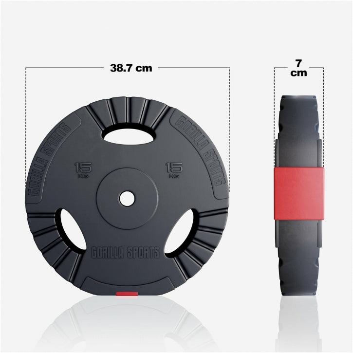 Set de Barra Larga y Discos de Pesas de Plástico con Triple Agarre 60 - 130 kg - Gorilla Sports ES