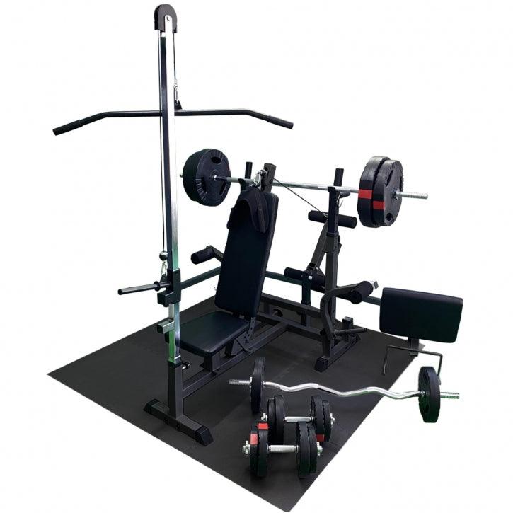Multiestación Home Gym + Torre de Polea + Set de Pesas de Plástico con Triple Agarre + Protector Suelo - Gorilla Sports ES