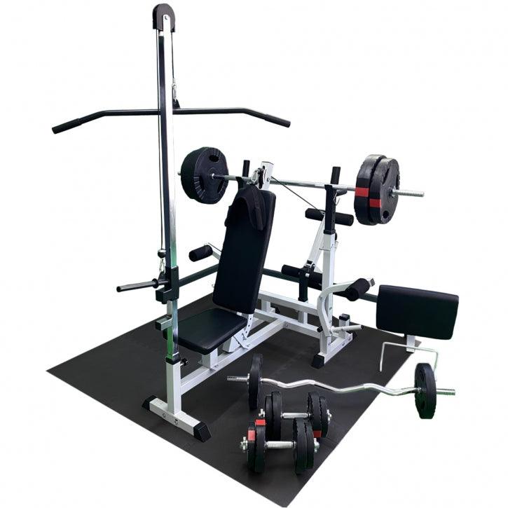 Multiestación Home Gym + Torre de Polea + Set de Pesas de Plástico con Triple Agarre + Protector Suelo - Gorilla Sports ES