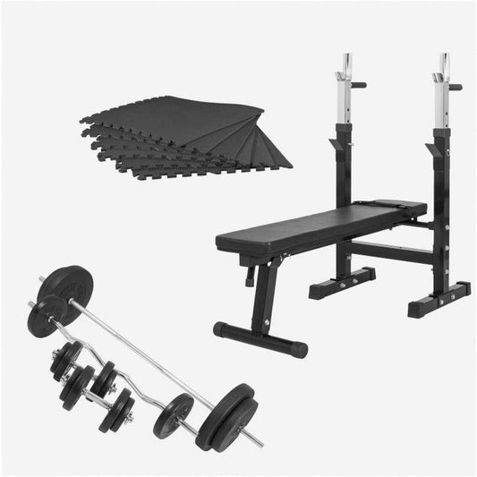 Banco de Musculación + Set de Pesas de Plástico 100 kg + Protector Suelo - Gorilla Sports ES