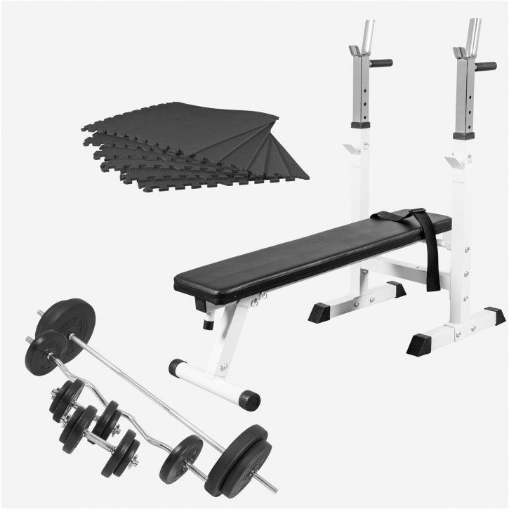 Banco de Musculación + Set de Pesas de Plástico 100 kg + Protector Suelo - Gorilla Sports ES