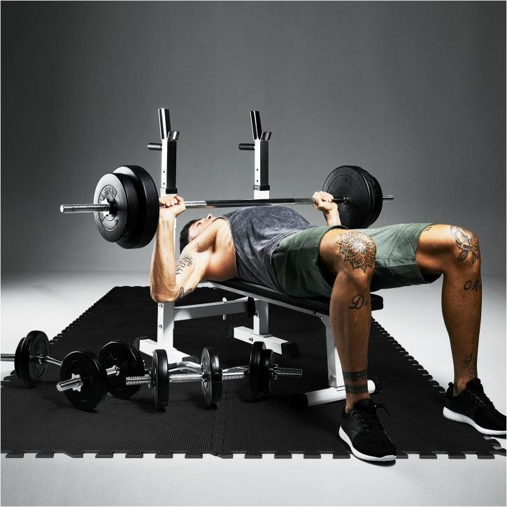Banco de Musculación + Set de Pesas de Plástico 100 kg + Protector Suelo - Gorilla Sports ES