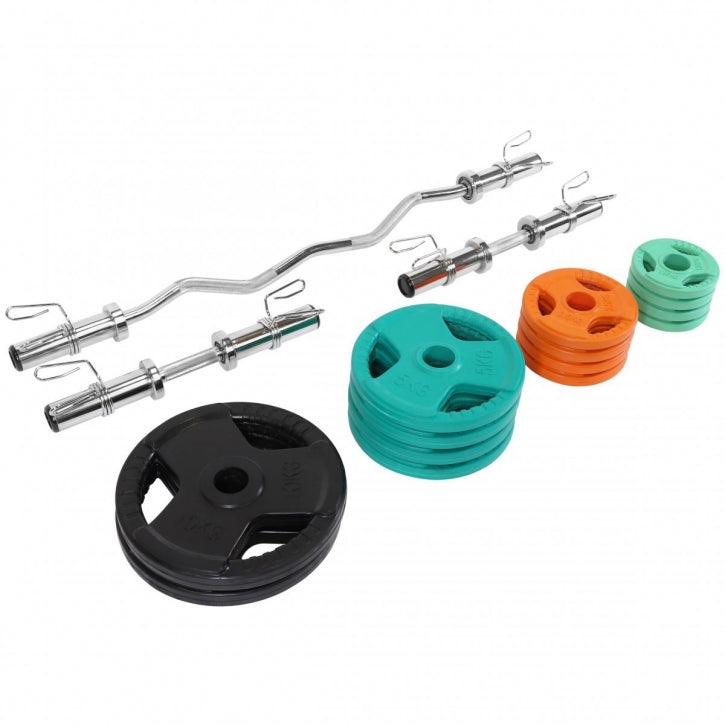 Set de Curl Z y Discos de Pesas Olímpicos de Goma con Triple Agarre - 75 kg - Gorilla Sports ES