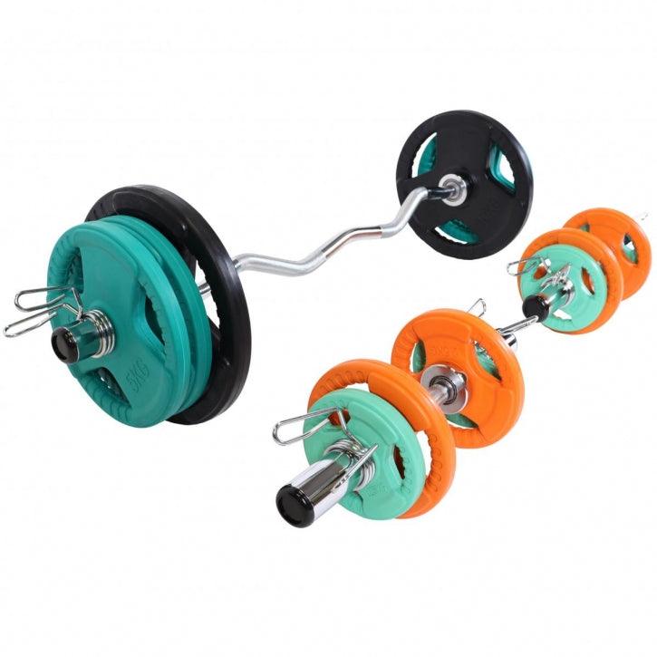Set de Curl Z y Discos de Pesas Olímpicos de Goma con Triple Agarre - 75 kg - Gorilla Sports ES