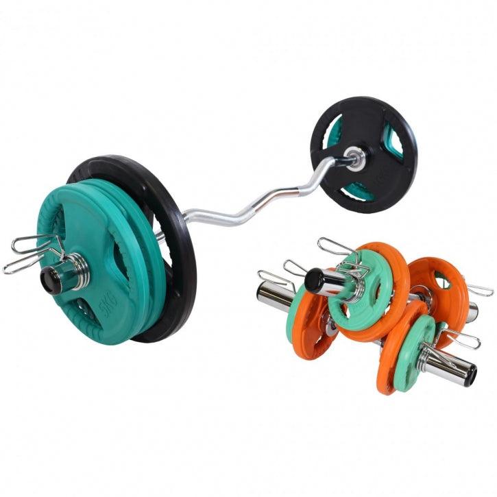 Set de Curl Z y Discos de Pesas Olímpicos de Goma con Triple Agarre - 75 kg - Gorilla Sports ES