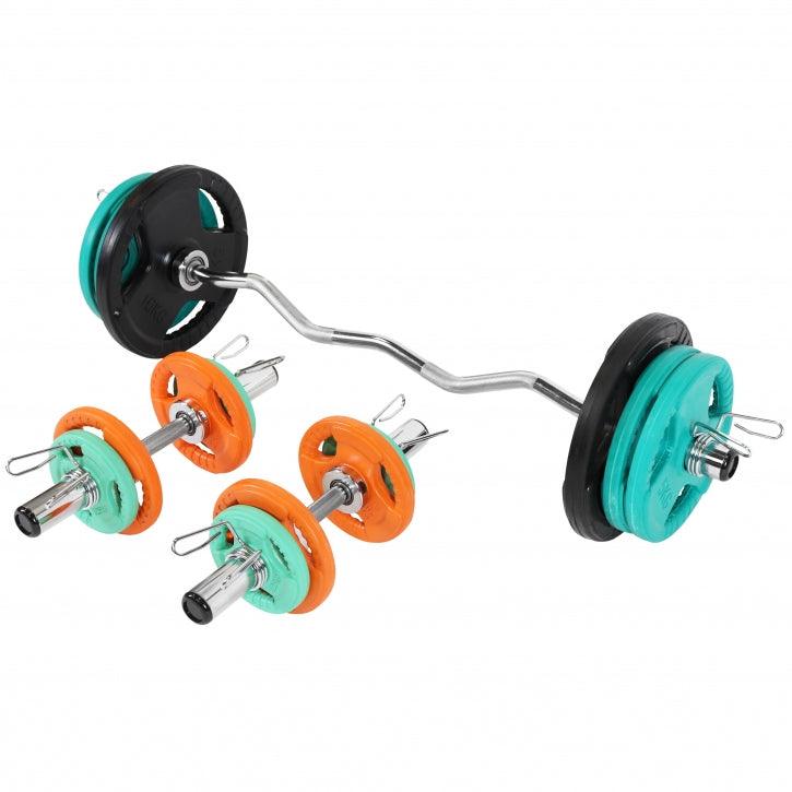 Set de Curl Z y Discos de Pesas Olímpicos de Goma con Triple Agarre - 75 kg - Gorilla Sports ES