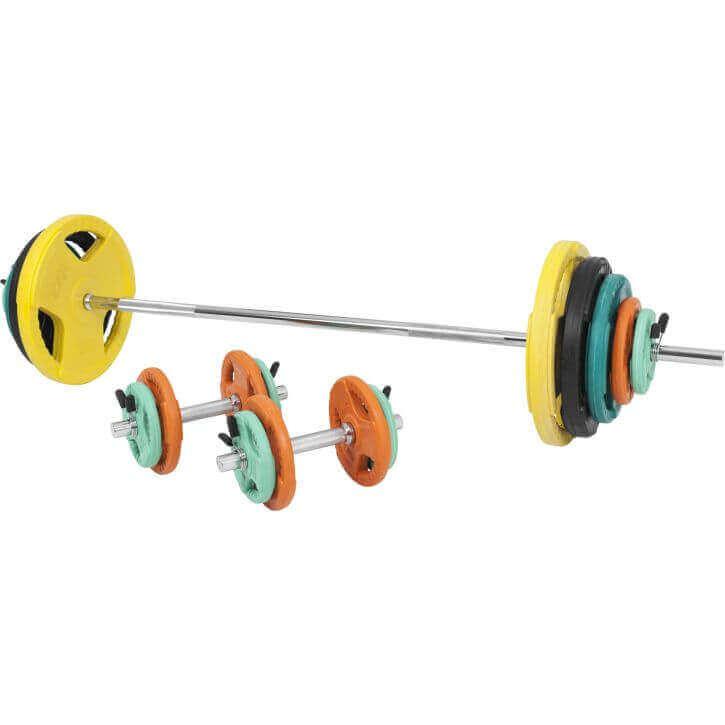 Set de Barra y Discos de Pesas de Goma con Triple Agarre - 100 kg - Gorilla Sports ES