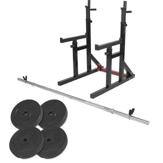 Soporte para Sentadillas + Set de Barra y Discos de Pesas de Pástico 30 - 50 mm - Gorilla Sports ES
