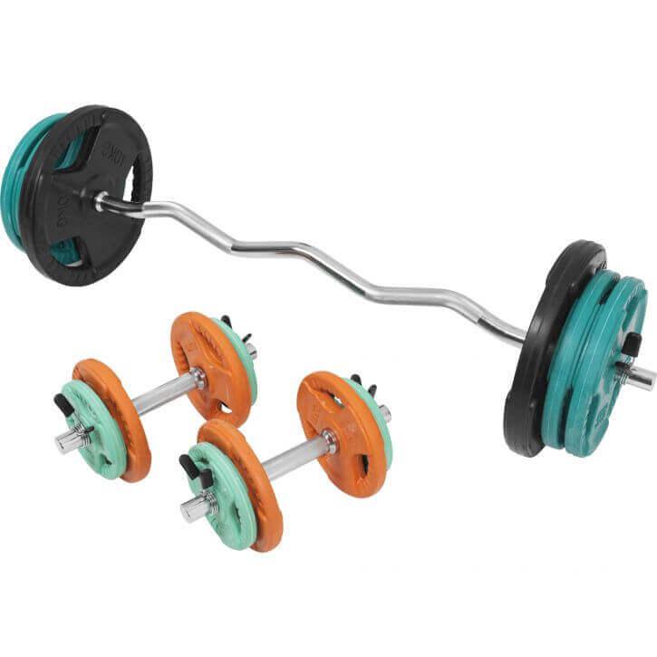 Set de Curl Z y Discos de Pesas de Goma con Triple Agarre - 70 kg - Gorilla Sports ES