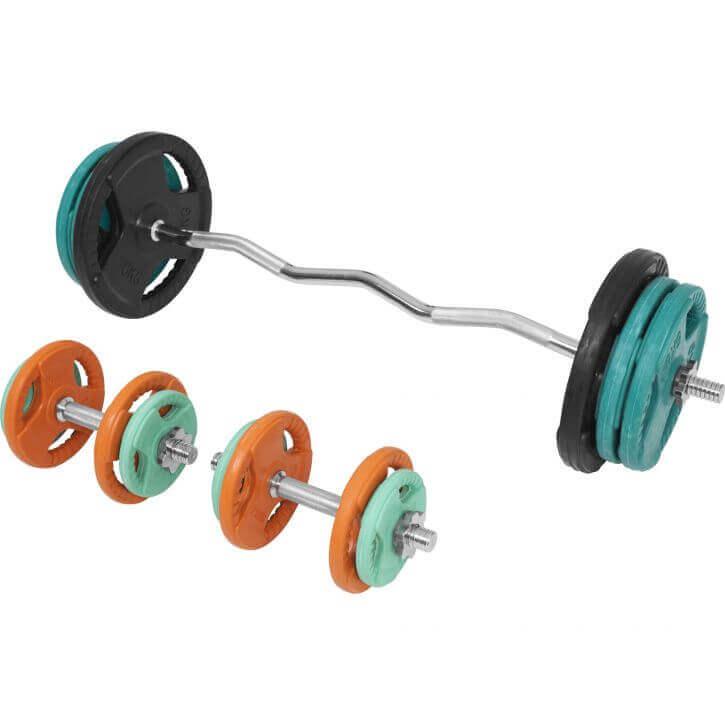Set de Curl Z y Discos de Pesas de Goma con Triple Agarre - 70 kg - Gorilla Sports ES